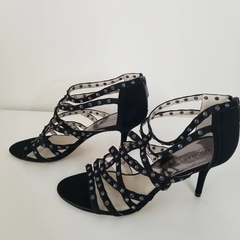 Michael Michael Kors Maddie Jeweled T-Strap Suede Peep Toe Heels Black Size 9